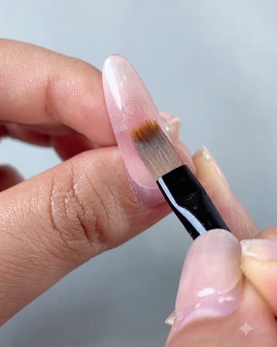 Un pincel de uñas profesional sostenido en un ángulo de 45 grados difuminando el esmalte en gel a lo largo de una uña alargada.
