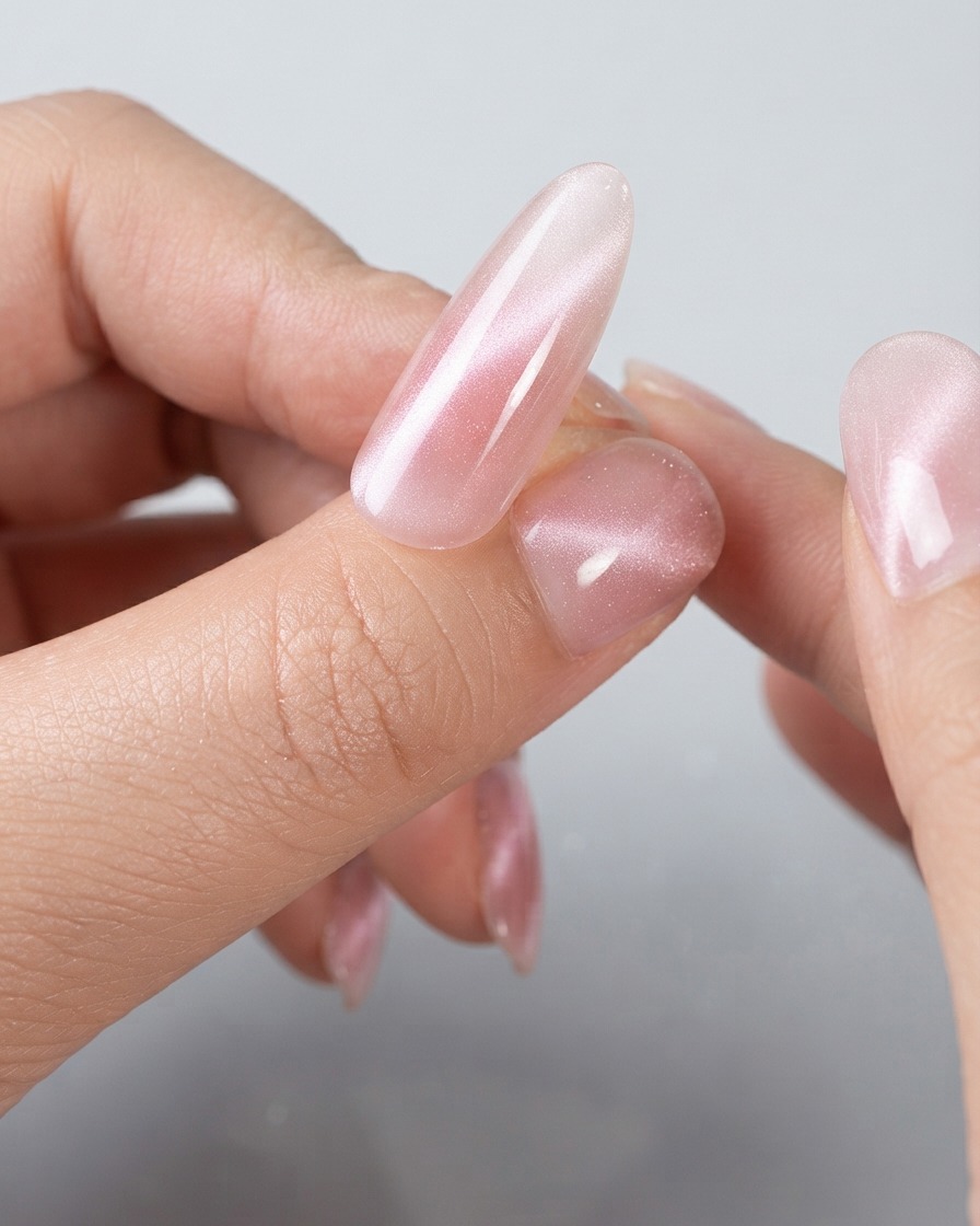 Una vista de cerca de uñas con efecto ojo de gato terminadas que muestran una banda de reflexión de luz ancha y luminosa en superficies rosadas brillantes.