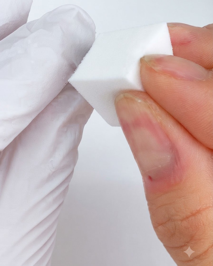 Una esponja cosmética blanca presionada contra una uña para difundir el gel blanco en un círculo suave.