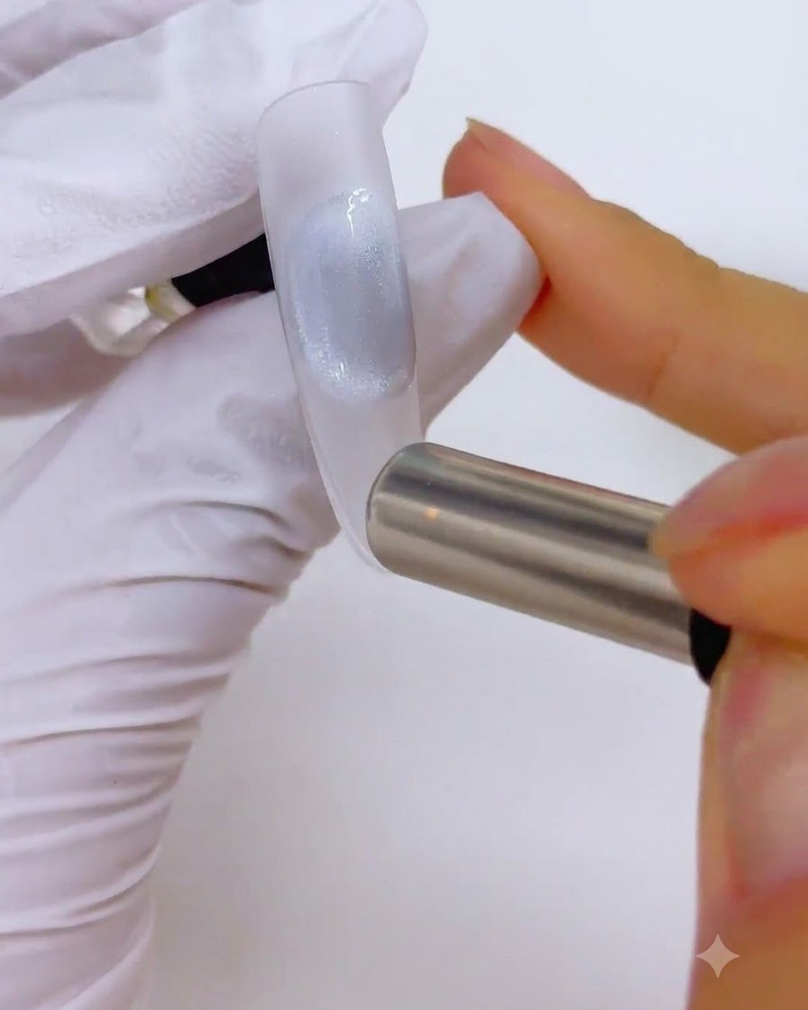 Un imán cilíndrico dando forma al gel magnético en una uña para formar una cuenta.