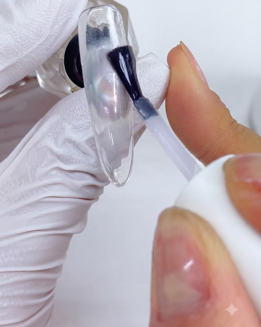 Un pincel aplicador depositando polvo de perla LP03 en las áreas de tono azul del arte de uñas.
