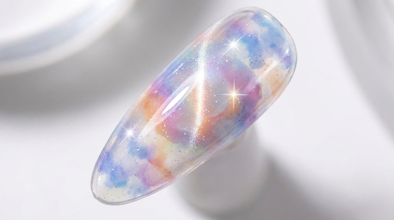 Primer plano de la uña terminada que muestra un diseño de ensueño con efecto aurora de perla, nubes de acuarela y un centro brillante de ojo de gato.