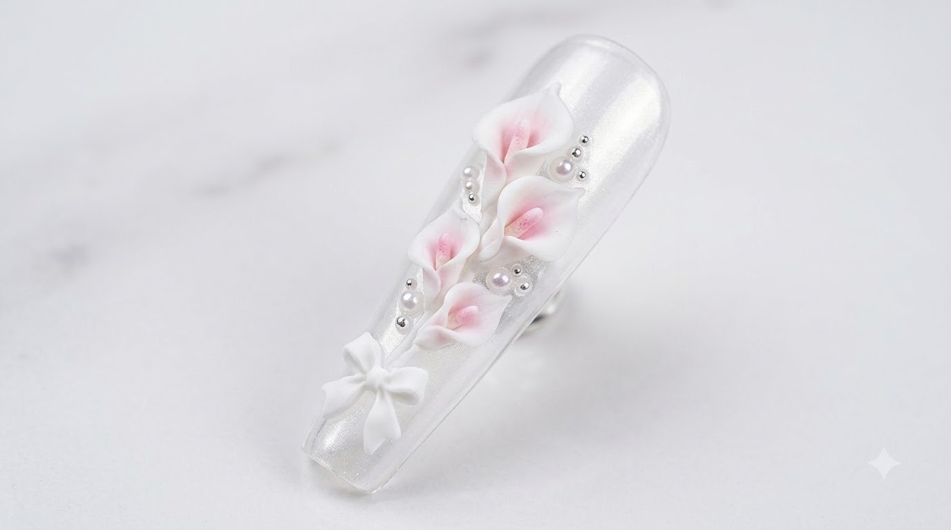 Uñas de Lirio Calla con Perlas en Tonos Fríos de Ensueño — Tutorial Paso a Paso