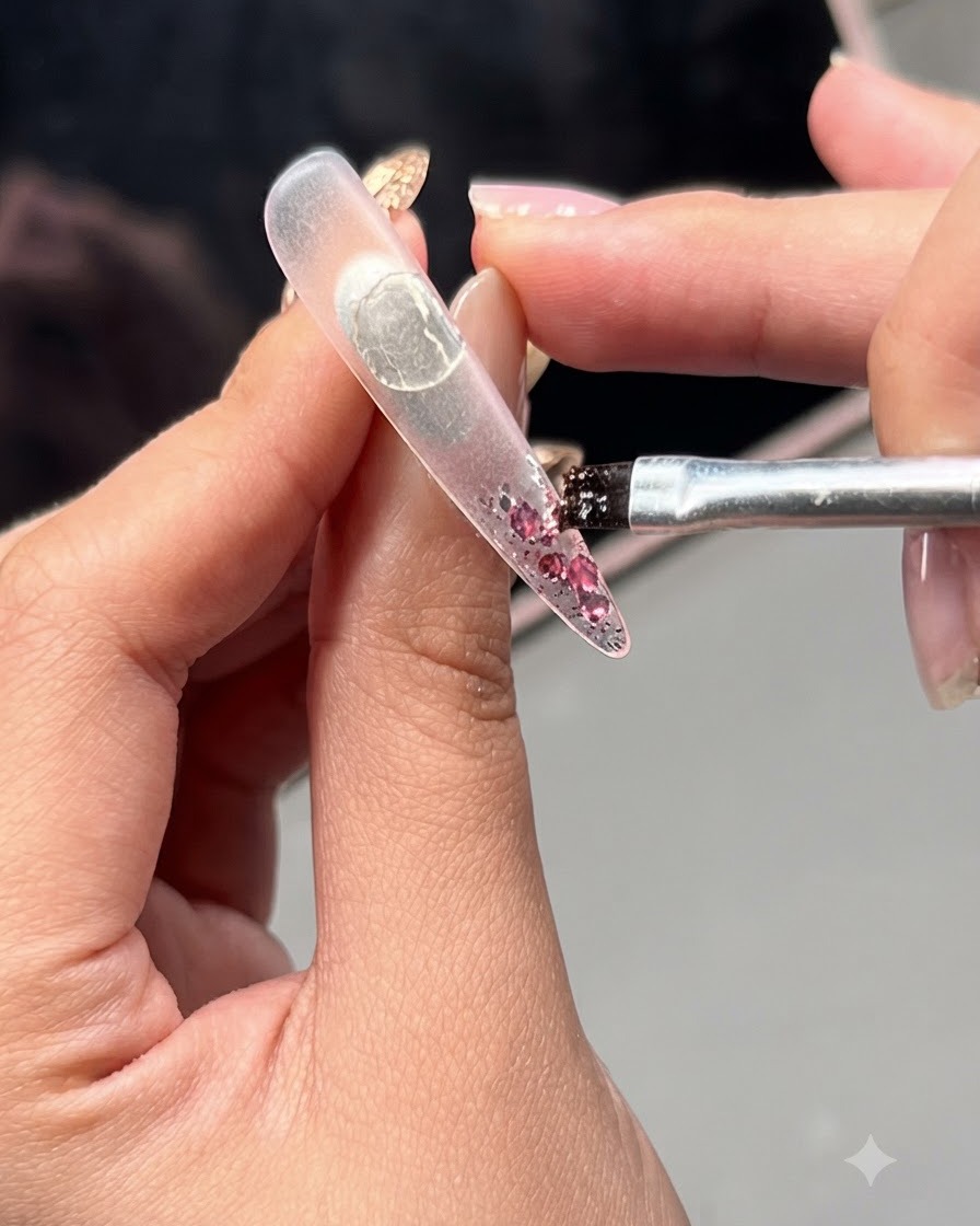 Un pincel distribuyendo copos de purpurina rosa sobre una extensión de uña transparente.