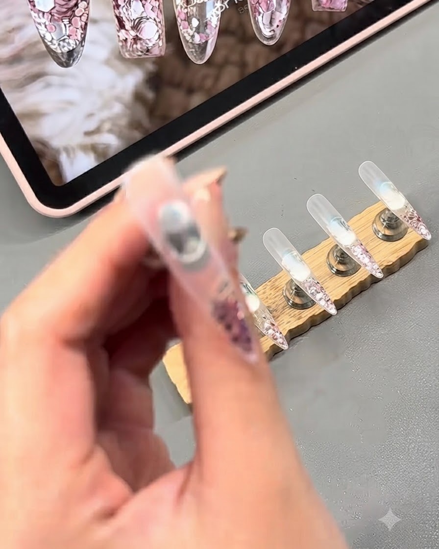 Una vista en primer plano de gel transparente siendo aplicado sobre los copos de purpurina en una uña.
