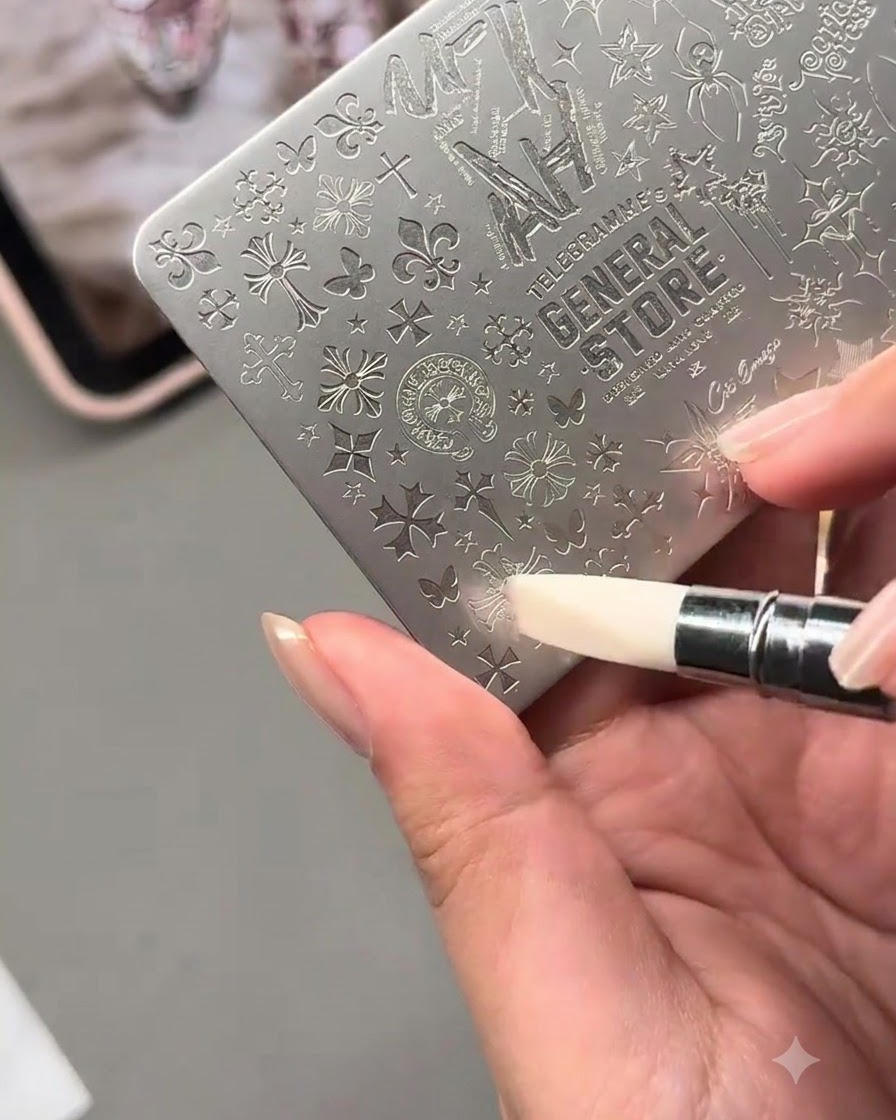 Una herramienta raspando el exceso de esmalte de una placa de estampación metálica detallada.