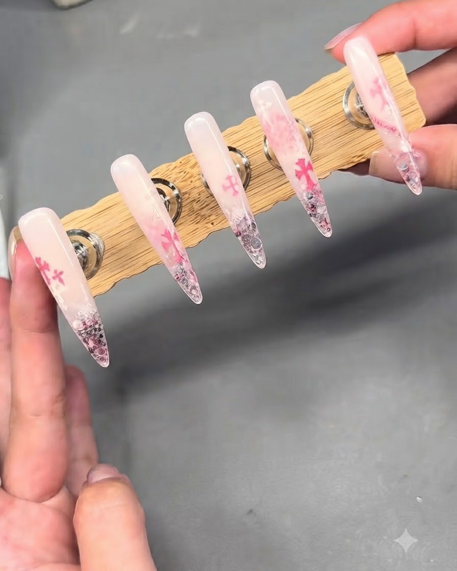 Un soporte de exhibición con cinco uñas postizas largas con degradado nude y rosa que presentan estampados de Chrome Hearts y adornos de pedrería.