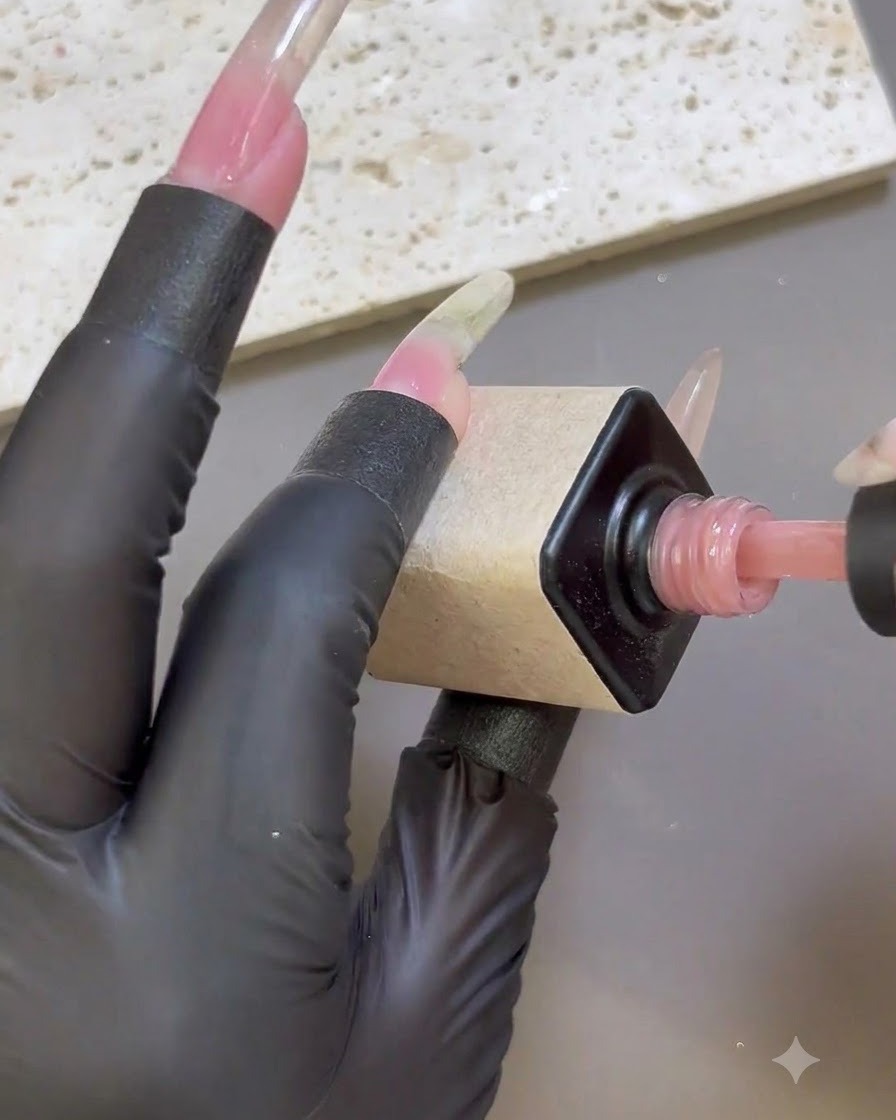 Una mano con guantes aplicando gel base rosa nude con una brocha sobre una forma de extensión de uña.