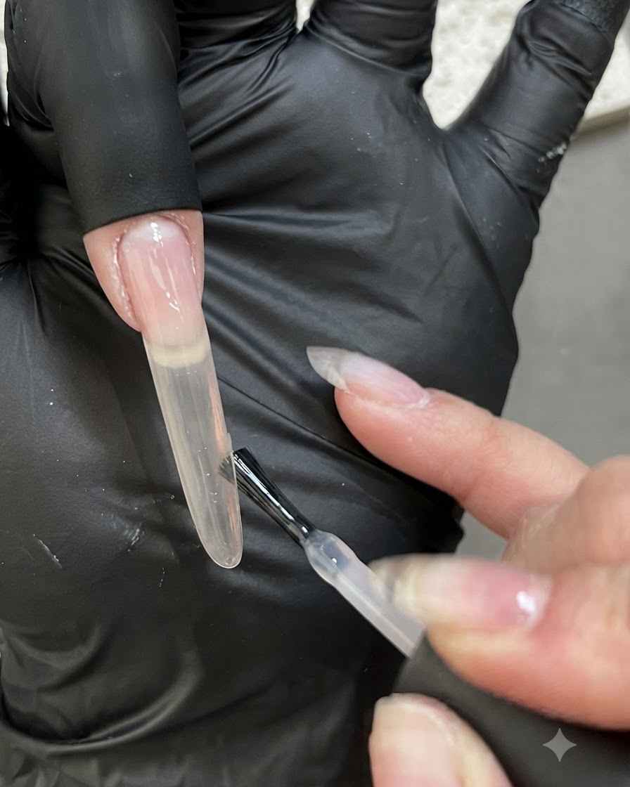 Un primer plano de una brocha aplicando una segunda capa más gruesa de gel rosa nude sobre una extensión de uña.