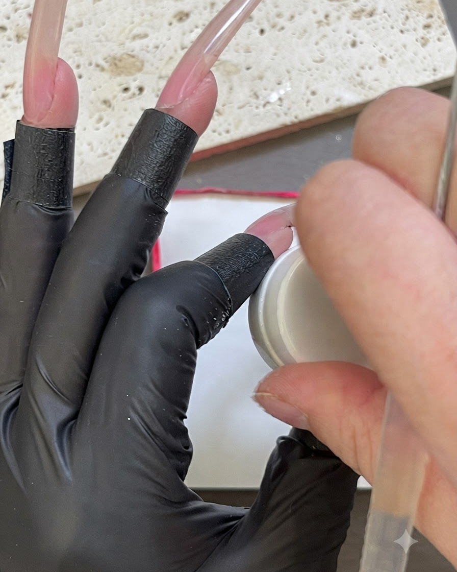 Una mano con guantes dando toquecitos con una esponja blanca sobre un pequeño recipiente de gel blanco.