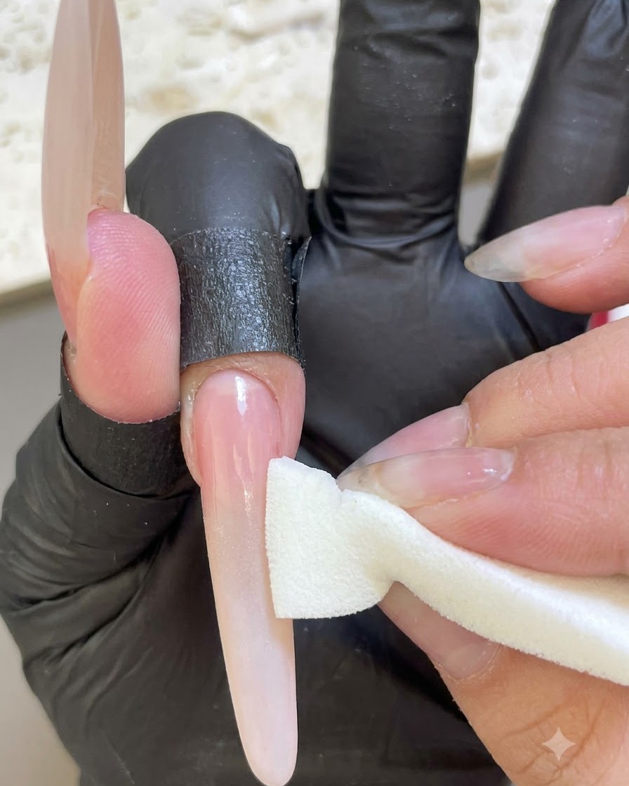 Una esponja aplicando gel blanco a toquecitos en la punta de una extensión de uña con base rosa para formar un degradado ombré.
