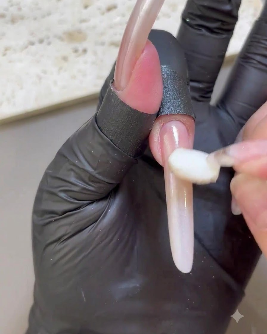 Un primer plano de un aplicador de esponja suavizando polvo cromo blanco sobre una uña extendida.