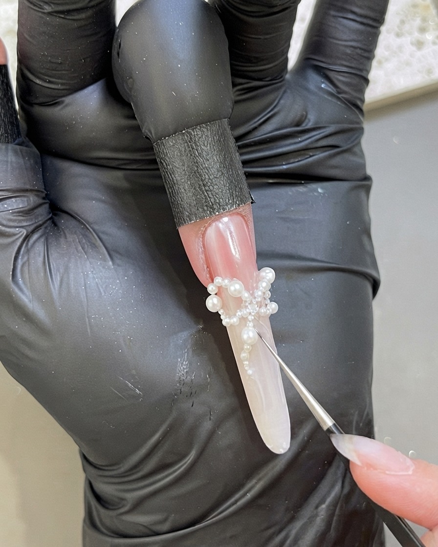Una mano con guantes usando pinzas finas para colocar perlas blancas pequeñas en una uña extendida para formar la forma de un lazo de mariposa.