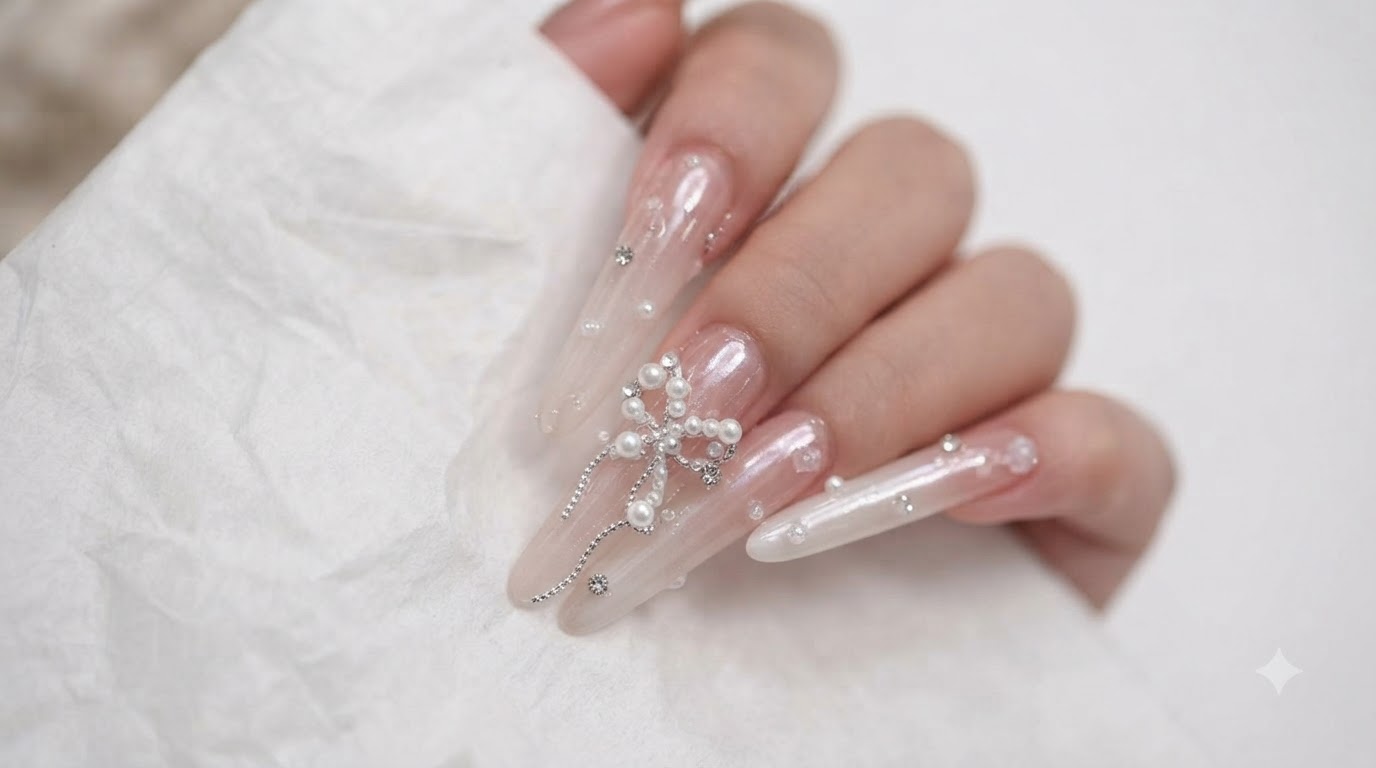 Uñas de Gel Etéreas con Efecto Luz de Luna, Perlas y Lazo de Diamantes