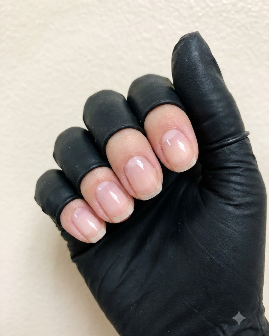 Un pincel de gel plano aplicando una capa suave y transparente de base sobre la placa de la uña natural.