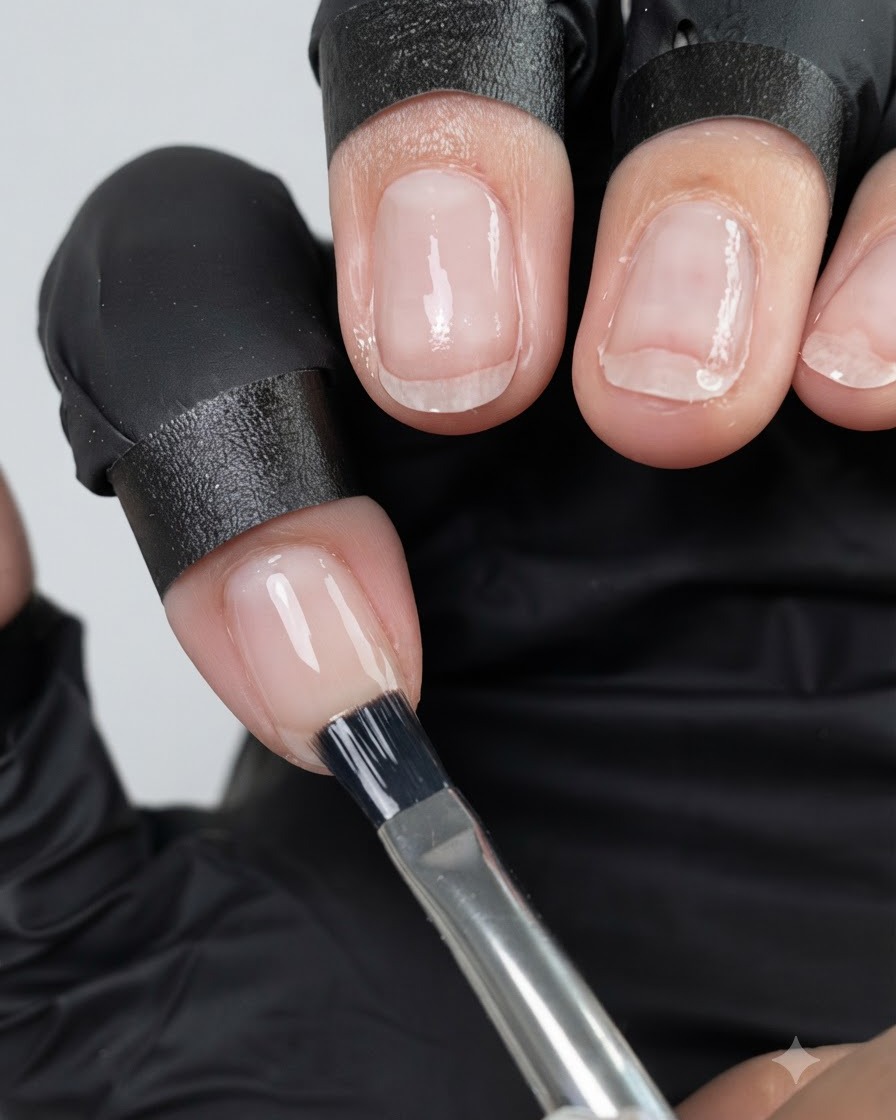 Un pincel aplicando un esmalte en gel nude translúcido de forma uniforme sobre la superficie de una uña.
