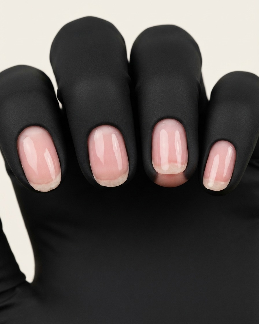 Una lima de uñas moldeando los bordes laterales y el borde libre de uñas manicuradas con protectores de dedos negros.