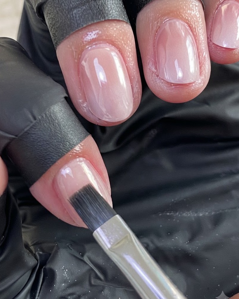 Un pincel de uñas aplicando cuidadosamente una capa transparente de gel fortalecedor sobre una uña manicurada.
