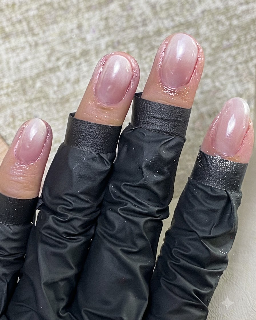 Un pincel de uñas aplicando una capa superior suave y brillante sobre una manicura completa.