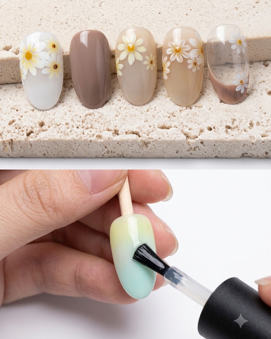 Un pincel aplicando esmalte de gel blanco lechoso sobre la superficie de una punta de uña.
