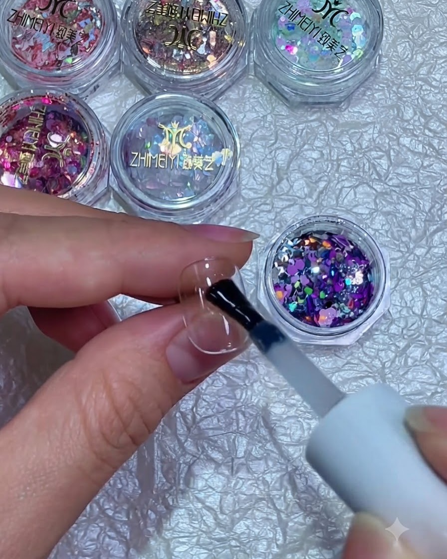Un pincel sosteniendo escamas de purpurina mixtas moradas y plateadas sobre una uña cubierta con gel húmedo.