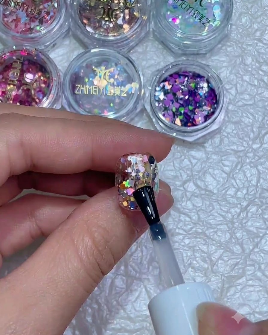 Un pincel de uñas aplicando una capa superior de vidrio transparente y brillante sobre una uña incrustada con purpurina y un sticker.