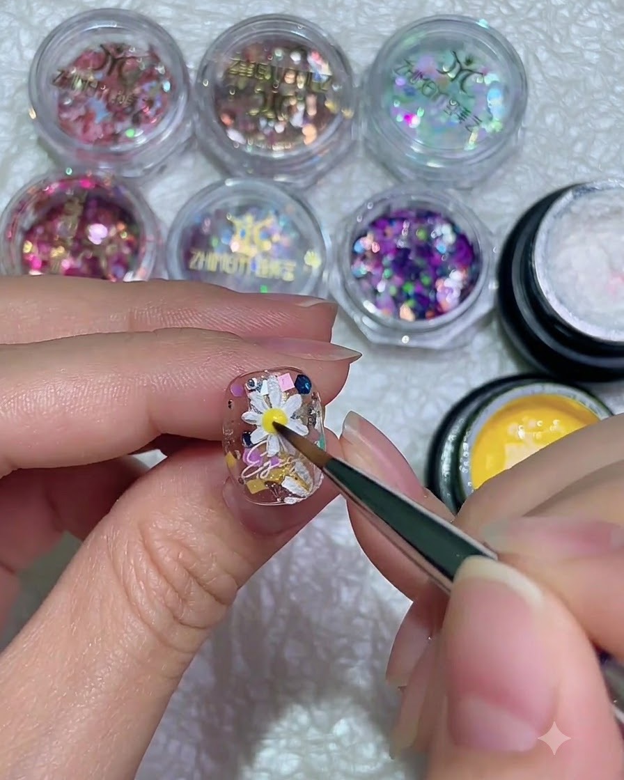 Un pincel fino aplicando un punto de gel amarillo brillante en el centro exacto de un diseño de nail art de margarita blanca en 3D.