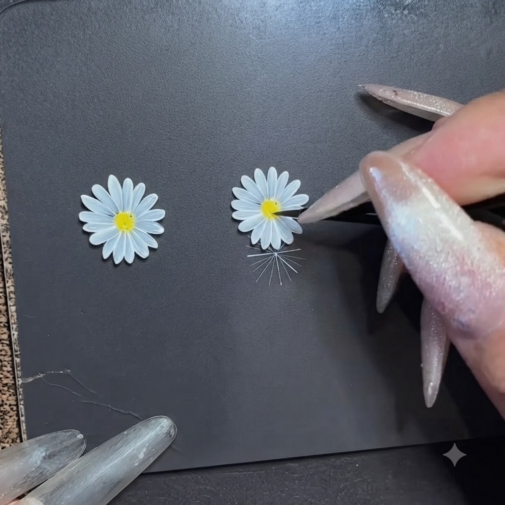Múltiples pétalos blancos siendo pintados sistemáticamente en círculo alrededor de un punto central.