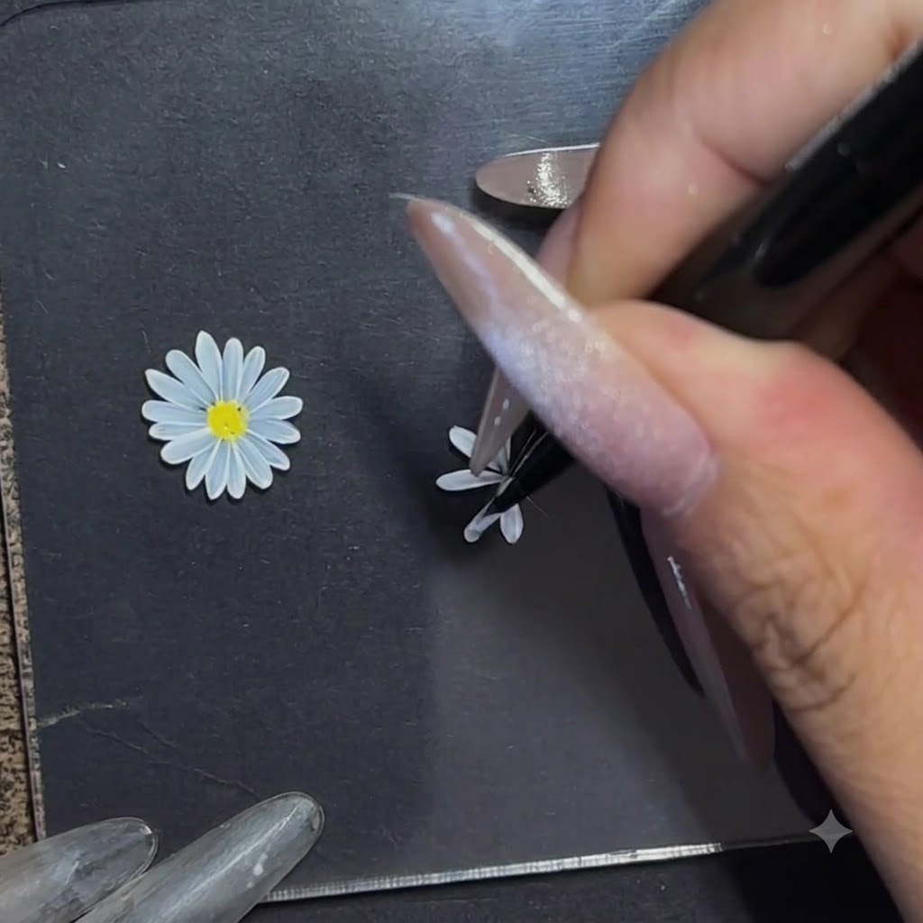 Una mano girando un tablero de práctica mientras pinta pétalos exteriores detallados con un pincel fino.