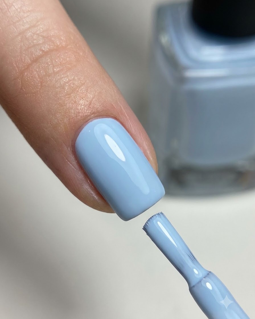 Un dedo con esmalte en gel azul grisáceo curado junto a su respectivo frasco de esmalte.