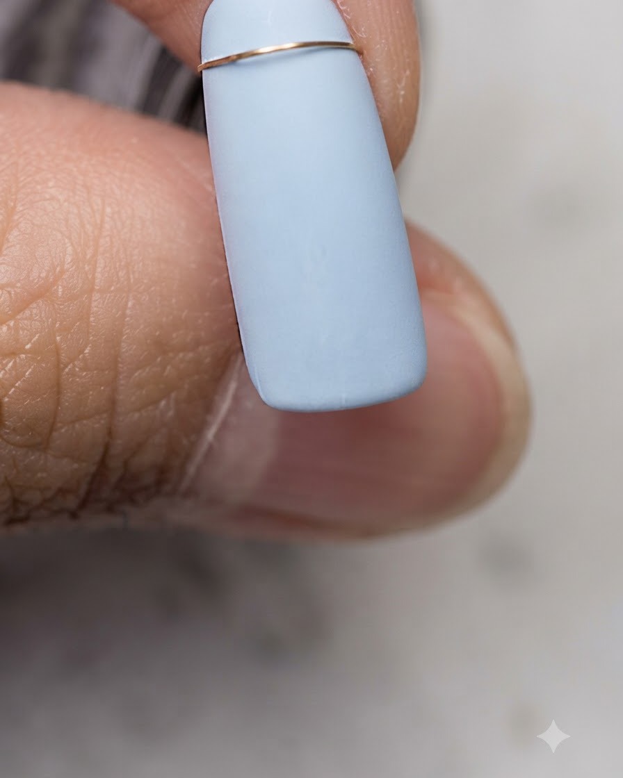 Un pincel liner fino dibujando una línea horizontal delgada de color dorado en la parte superior de una uña azul.