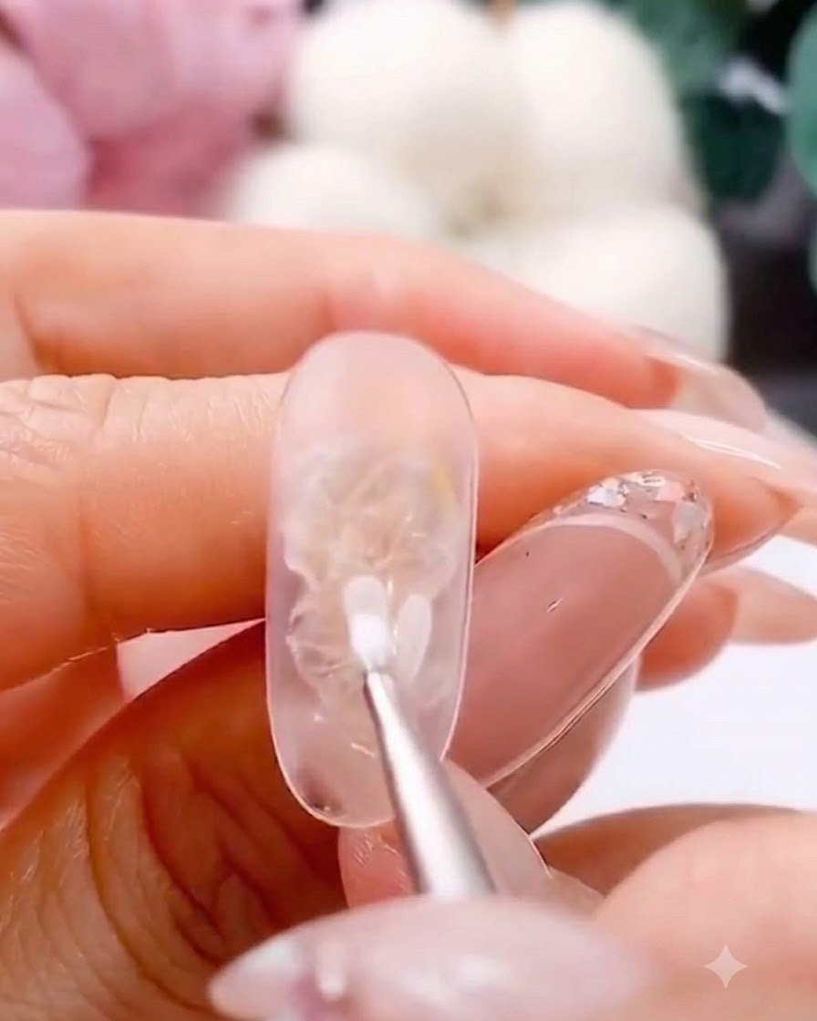 Un pincel fino aplicando un pétalo de gel blanco sobre una extensión de uña transparente.