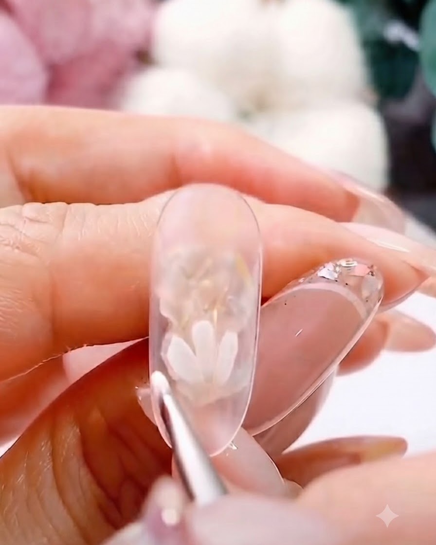 Un pincel delineador fino añadiendo más pétalos blancos para formar una flor de margarita completa sobre una uña transparente.