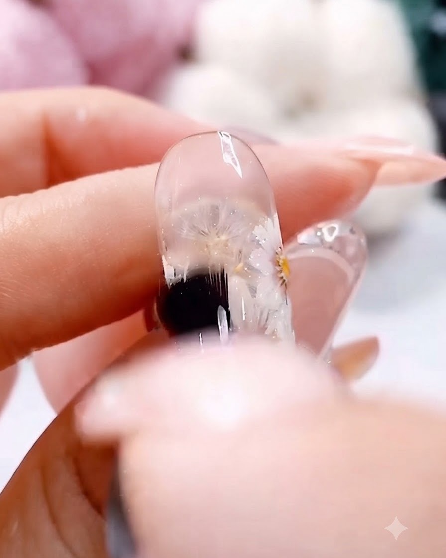 Un pincel de gel transparente aplicando una capa suave de top coat brillante sin residuos sobre un diseño de uñas de margarita blanca pintado a mano.
