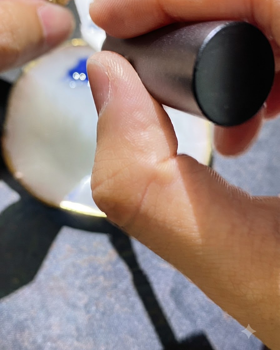 Un primer plano de una mano aplicando una capa base de esmalte en gel blanco sobre la superficie de una uña.