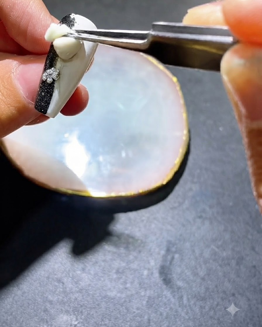 Una herramienta o pincel aplicando esmalte en gel negro en los lados de una uña decorada.
