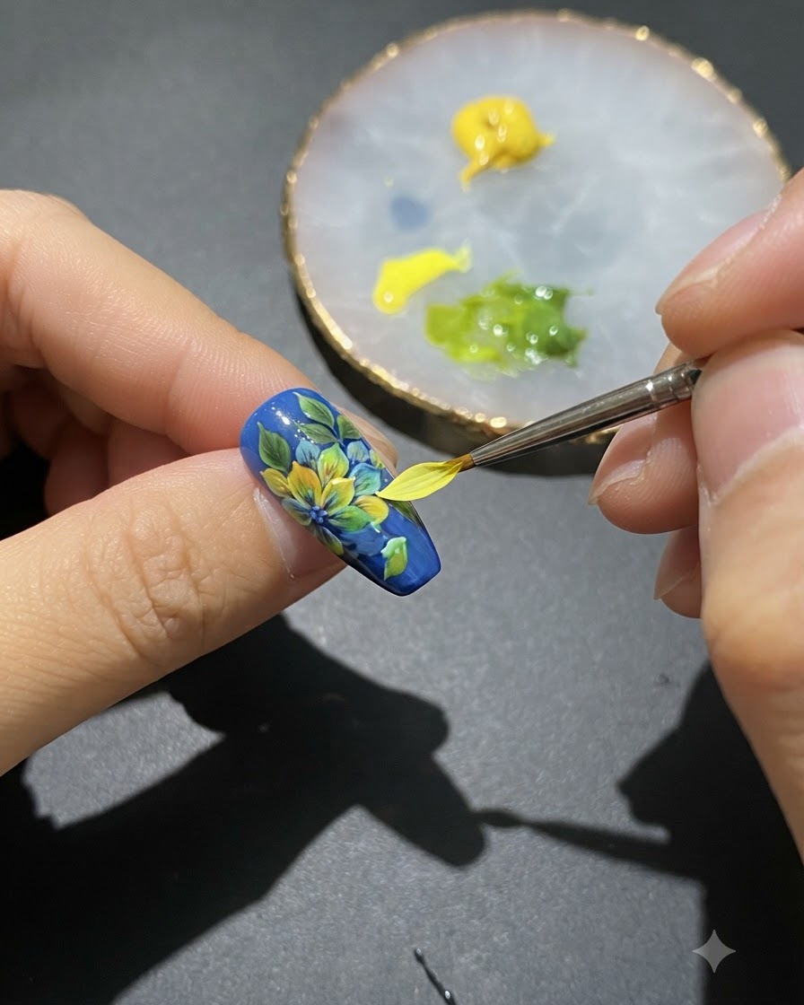 Un pincel delineador dibujando tallos verdes delgados en la superficie de la uña pintada.
