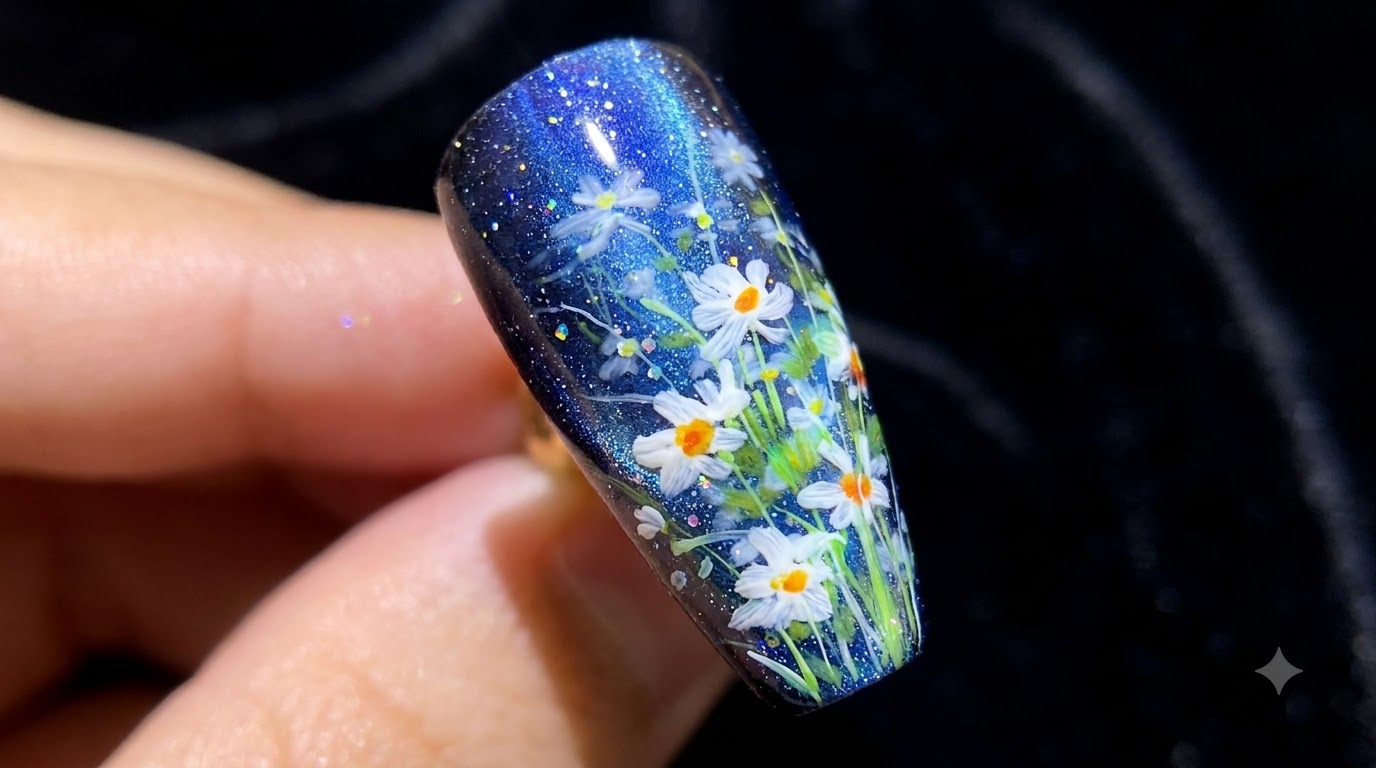 Primer plano de una sola uña terminada que muestra un fondo de cielo nocturno estrellado con delicadas flores de margarita blancas pintadas.