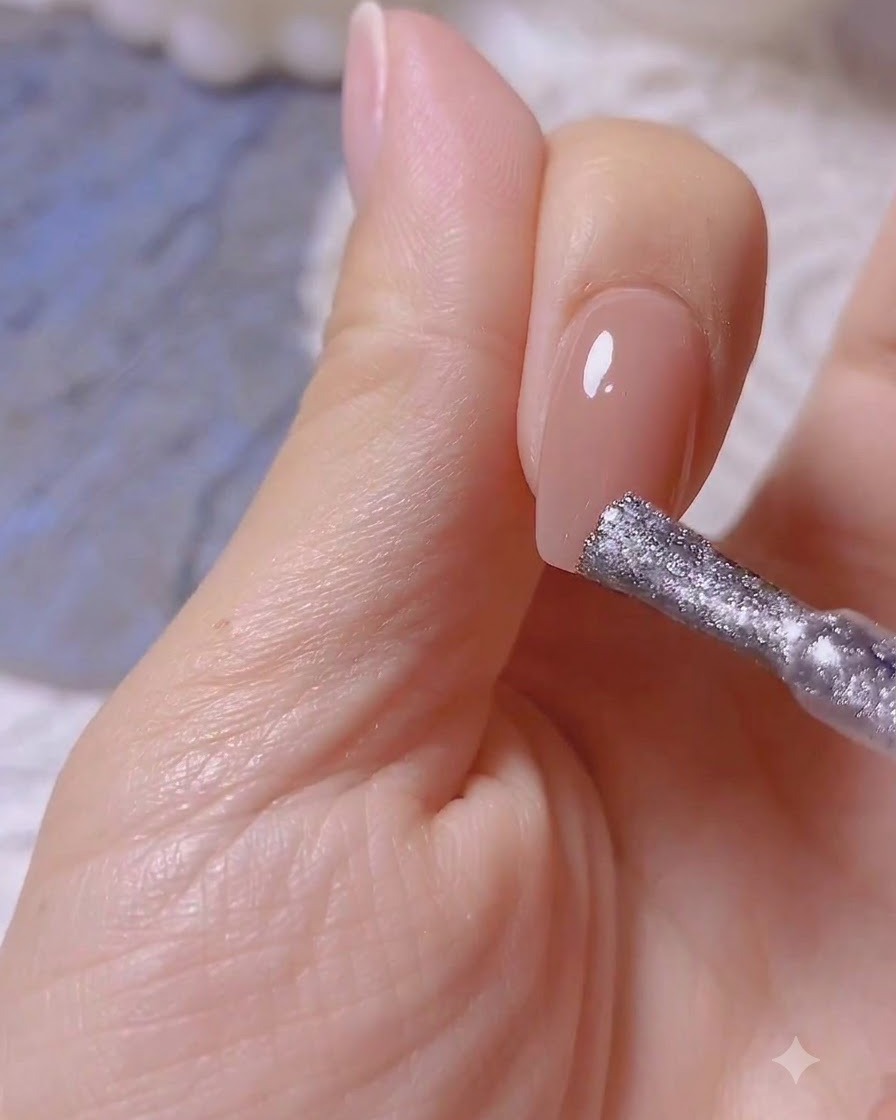Un pincel de esmalte aplicando un gel magnético nude translúcido sobre una uña natural limpia.