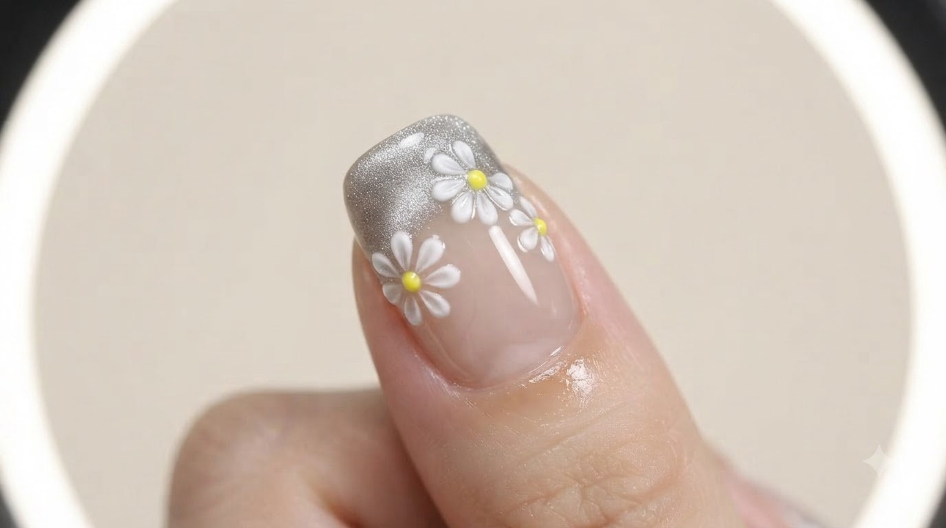 Uñas de Margarita Pequeña con Degradado Cat-Eye y Efecto 3D — Tutorial Paso a Paso