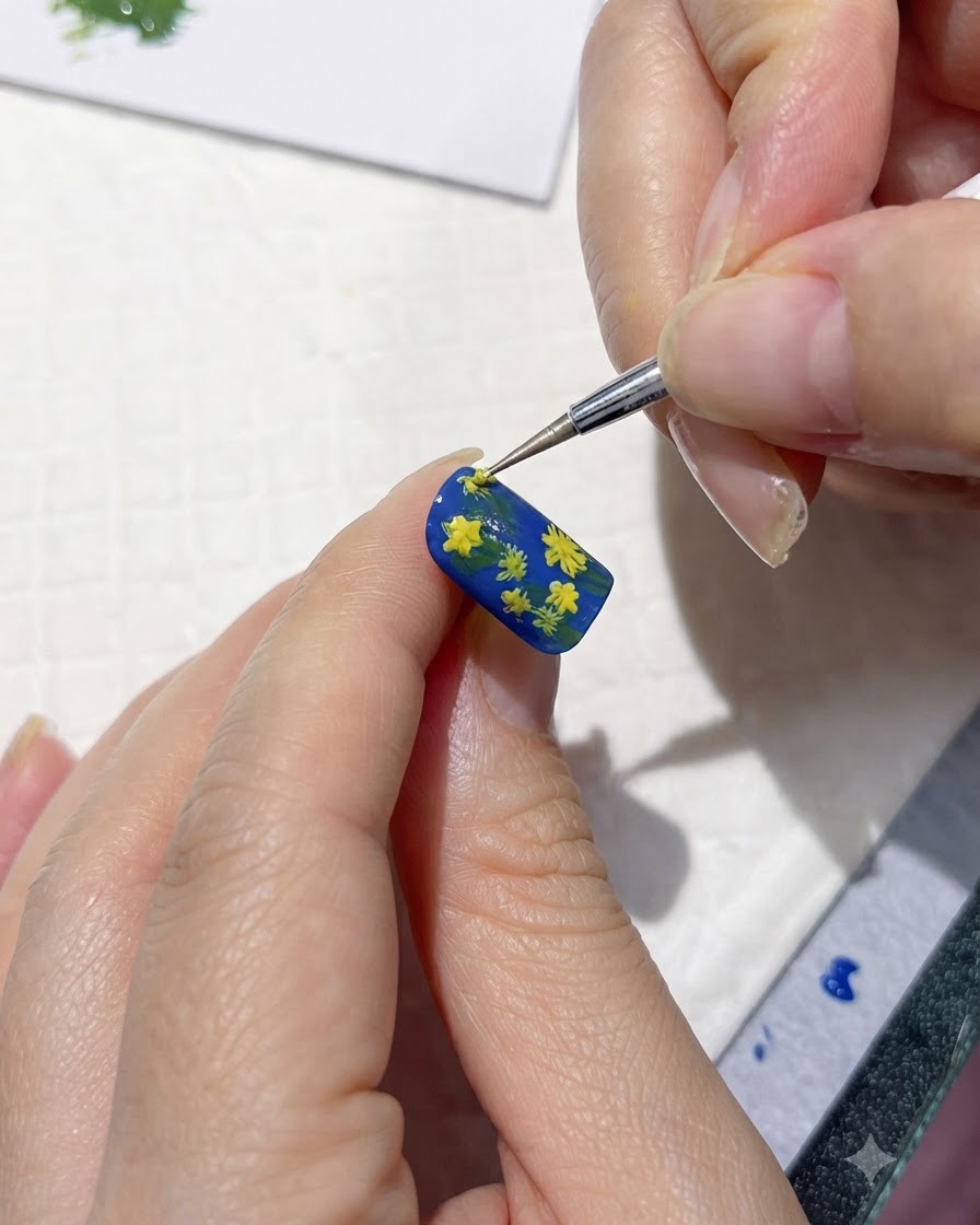 Un pincel de nail art refinando múltiples margaritas amarillas pequeñas pintadas en una uña azul.