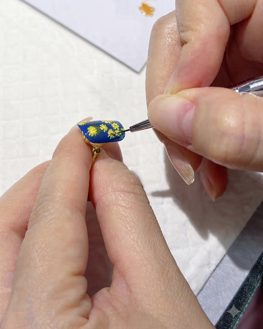 Una uña posicionada bajo una lámpara de curado para fijar los centros de las flores.