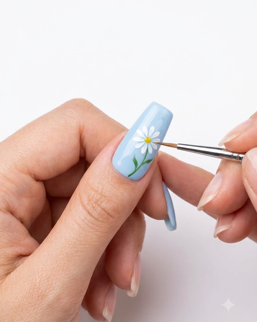 Primer plano de una mano utilizando un pincel fino para pintar pétalos blancos de margarita sobre una base de uña azul claro.