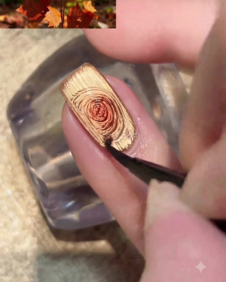 Un pequeño imán de uñas posicionado cerca del borde lateral de una uña pintada con gel ojo de gato dorado.