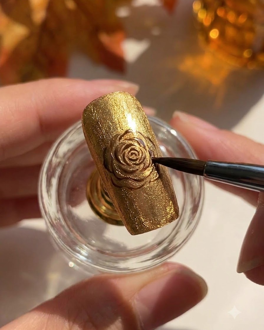 Un pincel de detalle o herramienta refinando la superficie de un conjunto de uñas doradas y brillantes con efecto ojo de gato.