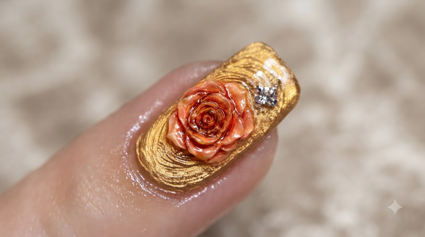 Uñas de Rosa con Efecto Ojo de Gato y Atardecer Otoñal — Tutorial de Nail Art Paso a Paso