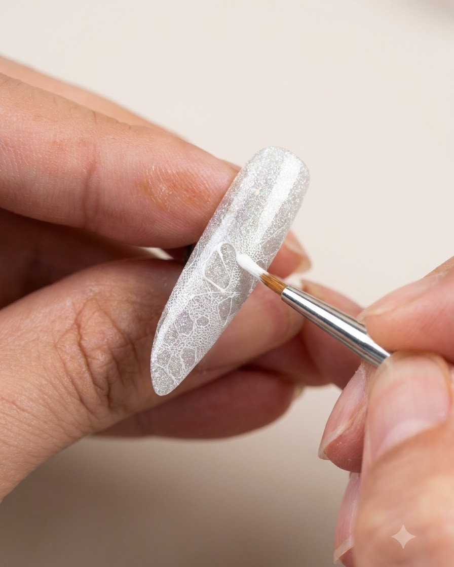 Un pincel de nail art fino formando y presionando meticulosamente pétalos de flores blancas sobre un patrón de encaje en la punta de una uña.