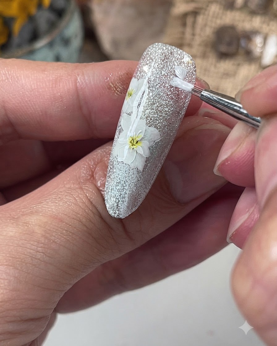 Un pincel fino colocando gel azul en el centro de la flor blanca y difuminándolo delicadamente hacia afuera.