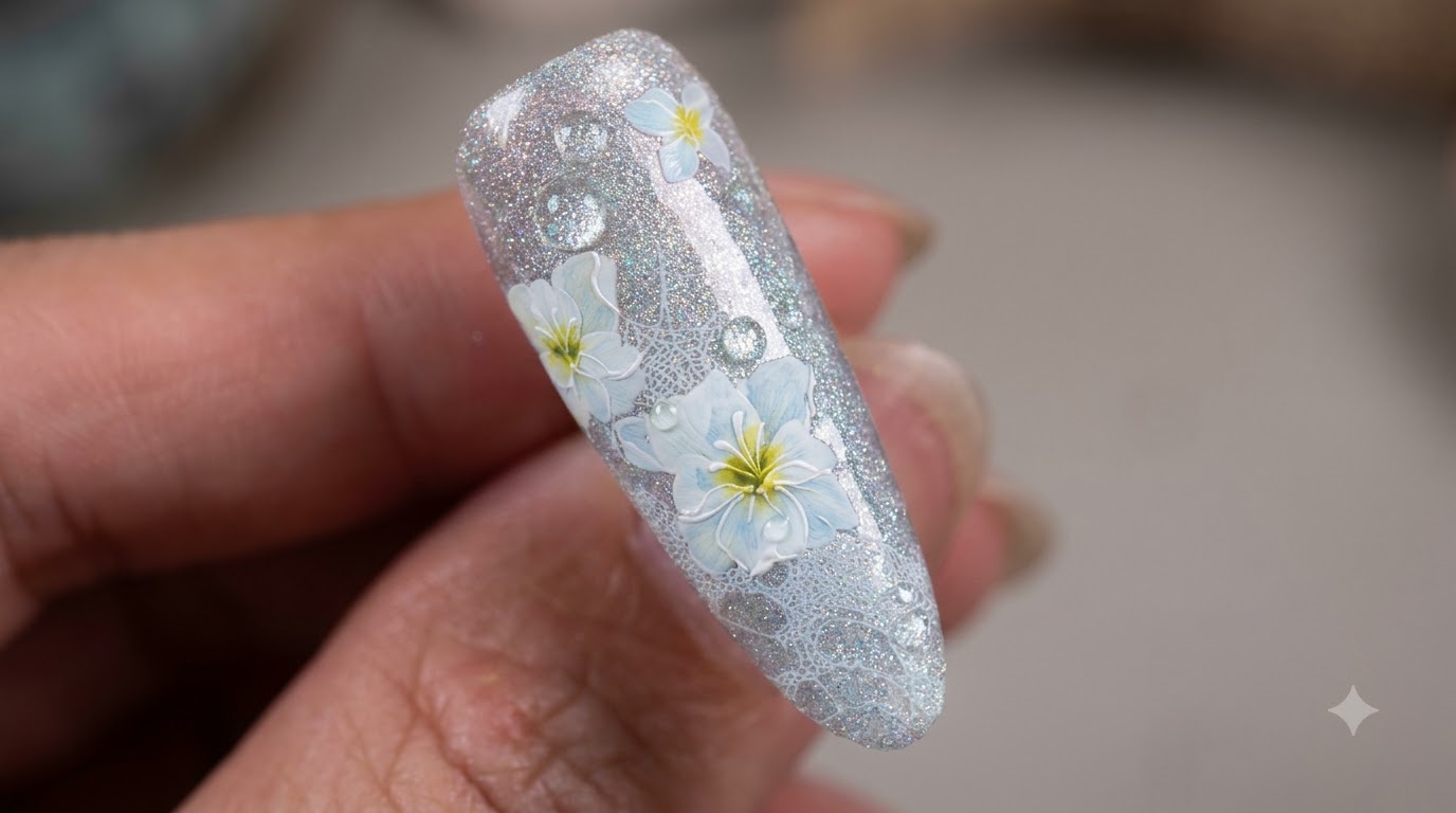 Primer plano de una uña almendrada terminada con una base texturizada brillante, estampado de encaje blanco y delicadas camelias pintadas a mano con efectos de gotas de agua.
