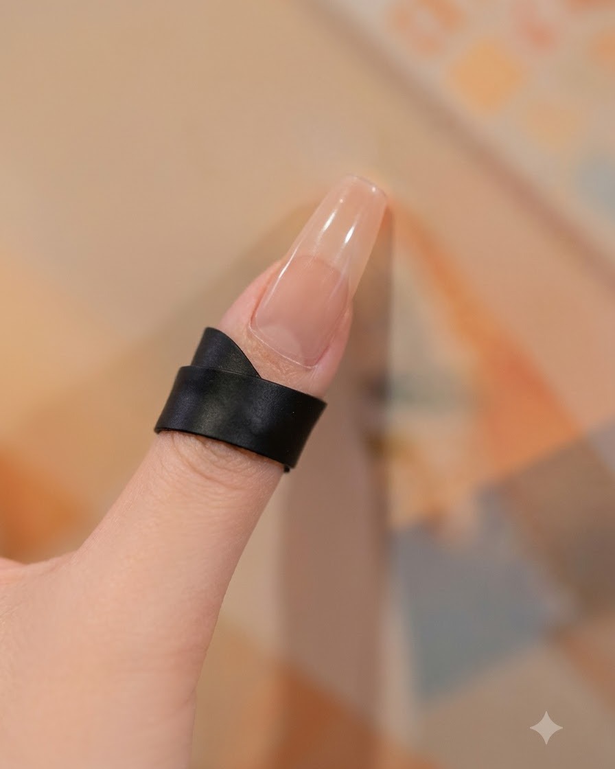 Un primer plano de una uña con un anillo negro, con un pincel fino aplicando gel blanquecino cerca de la cutícula y la zona de la base.